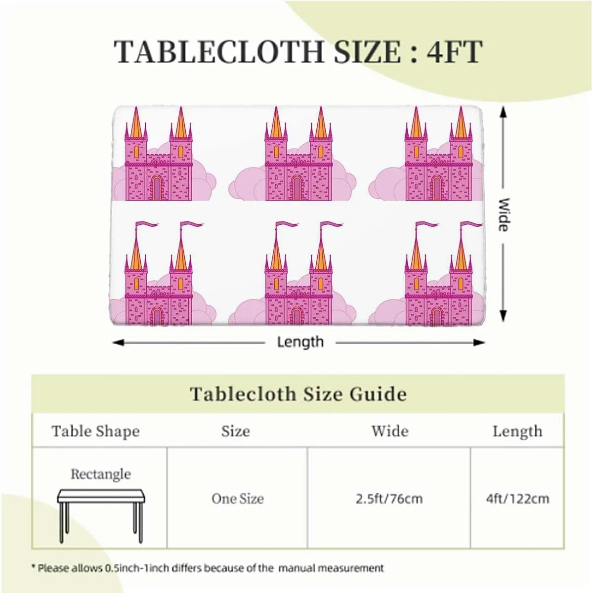 Pink White Fitted Tablecloth for Rectangle Table Princess Castle Cute Fairy Tale Cartoon Waterproof Wipeable Table Cloth Protector Fantasy Fits up 4 Foot Tables