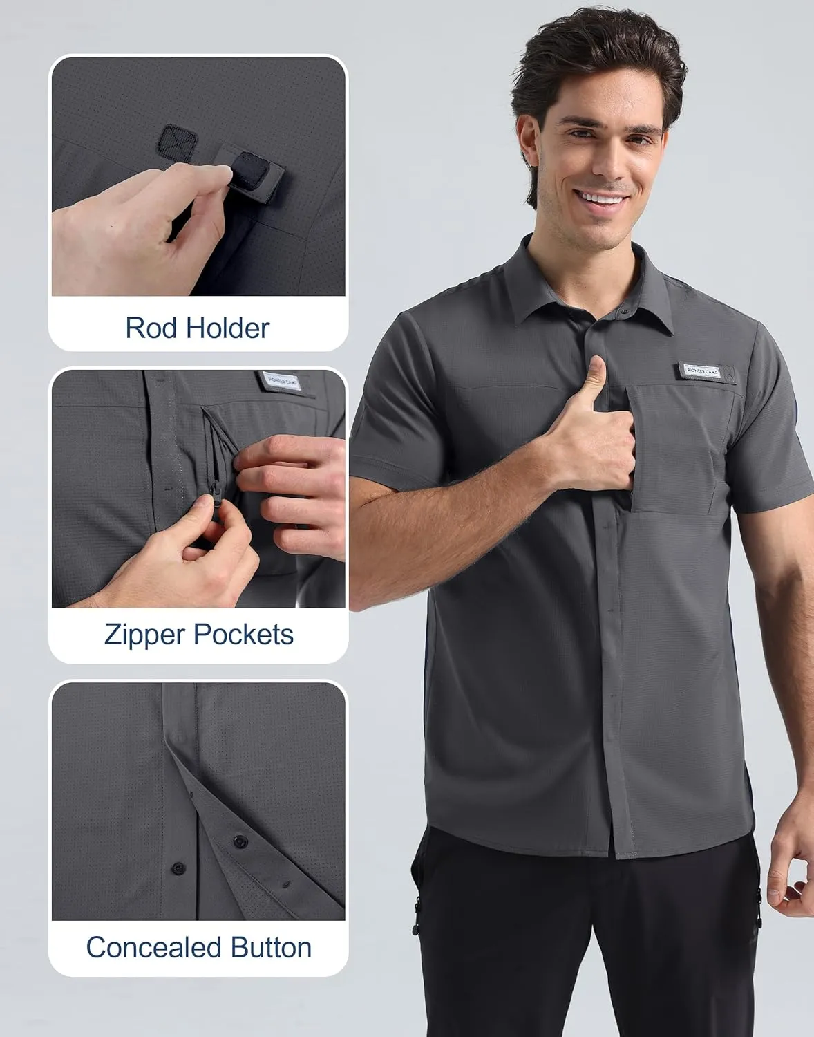 Pioneer Camp Men Fishing Shirts with Zipper Pocket UPF 50  Lightweight Casual Short Sleeve Button Down Shirts for Men Hiking