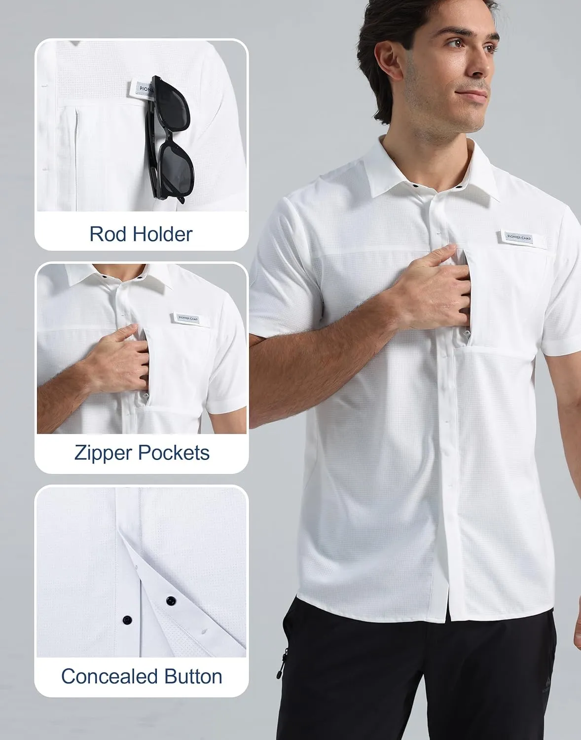 Pioneer Camp Men Fishing Shirts with Zipper Pocket UPF 50  Lightweight Casual Short Sleeve Button Down Shirts for Men Hiking