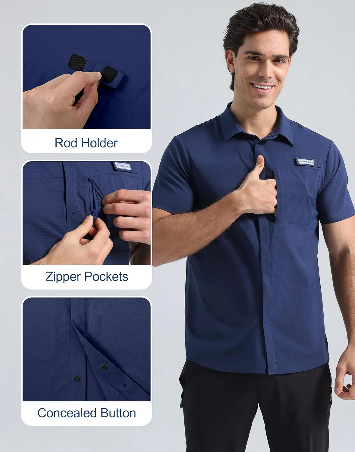 Pioneer Camp Men Fishing Shirts with Zipper Pocket UPF 50  Lightweight Casual Short Sleeve Button Down Shirts for Men Hiking