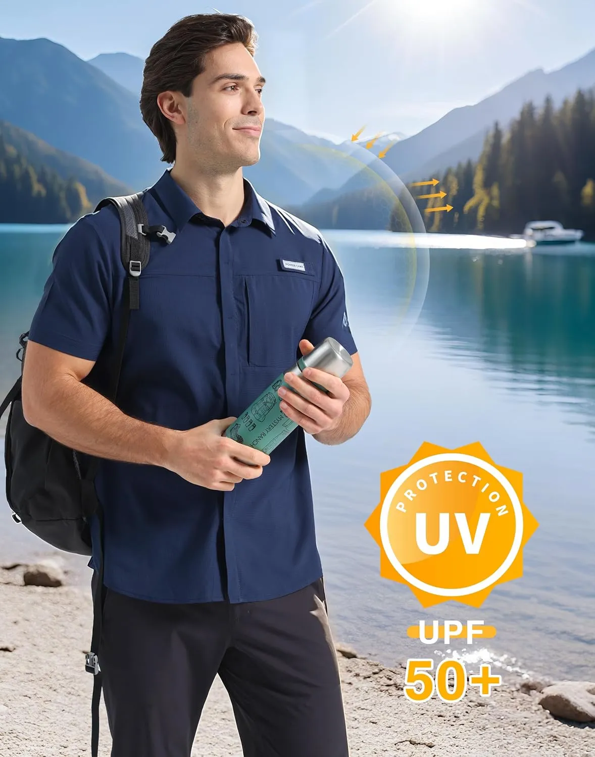 Pioneer Camp Men Fishing Shirts with Zipper Pocket UPF 50  Lightweight Casual Short Sleeve Button Down Shirts for Men Hiking
