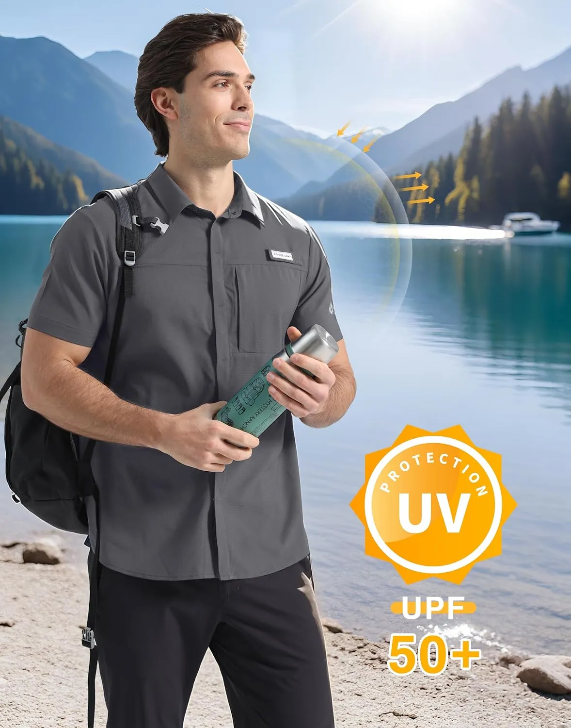 Pioneer Camp Men Fishing Shirts with Zipper Pocket UPF 50  Lightweight Casual Short Sleeve Button Down Shirts for Men Hiking