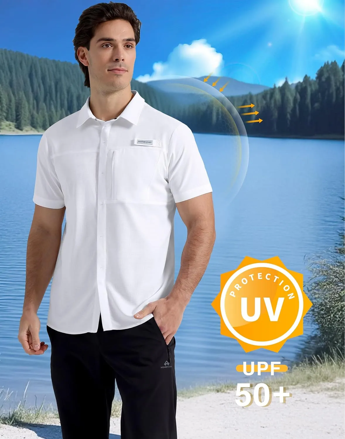 Pioneer Camp Men Fishing Shirts with Zipper Pocket UPF 50  Lightweight Casual Short Sleeve Button Down Shirts for Men Hiking