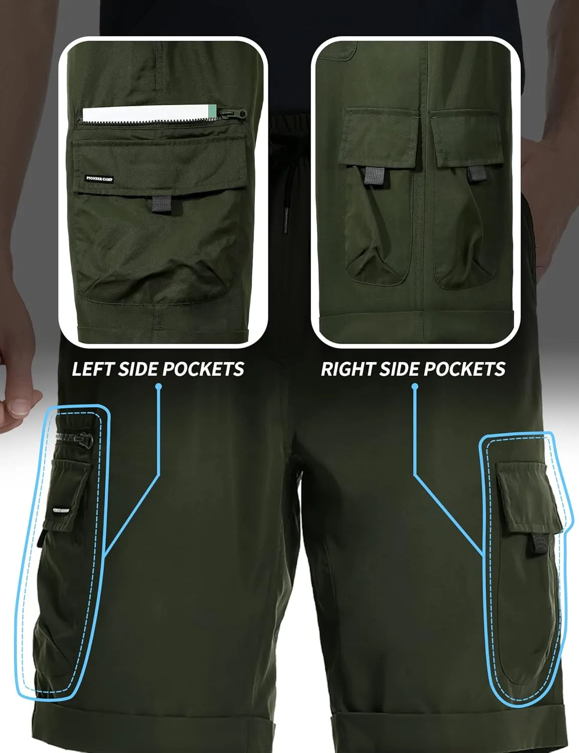 Pioneer Camp Men's Hiking Cargo Shorts 11" Quick Dry Elastic Waist with 7 Pockets Outdoor Work Tactical Travel Golf Fishing