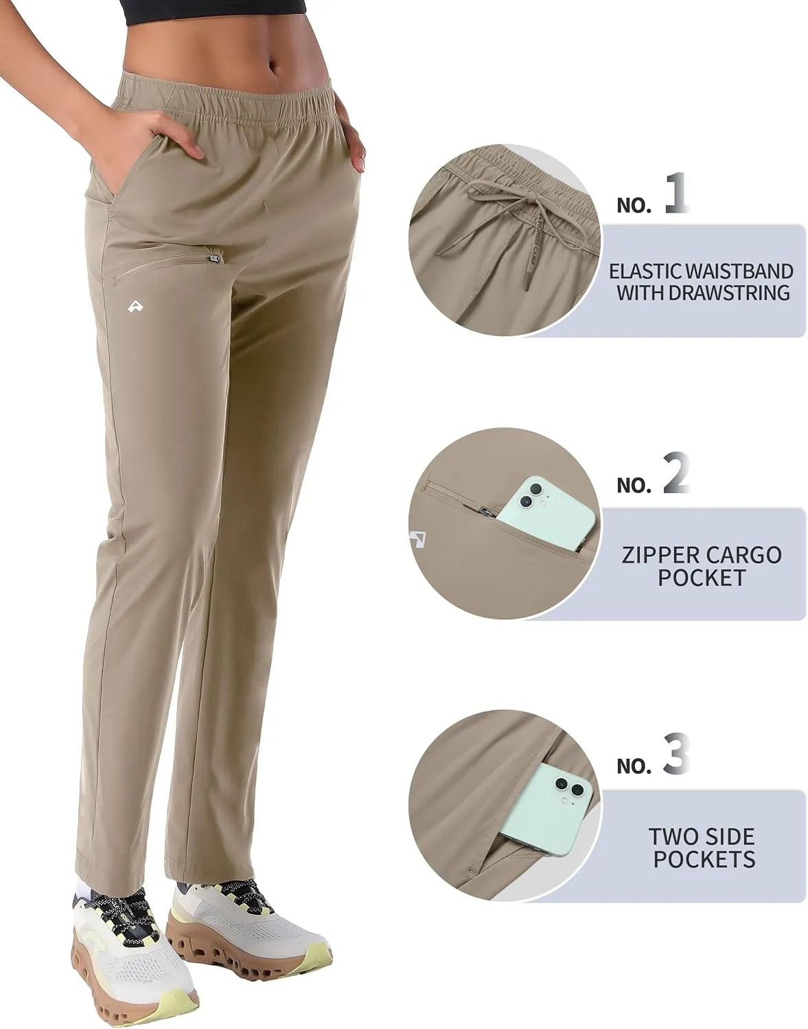 Pioneer Camp Women's Hiking Pants UPF 50  Elastic Waist Drawstring Ultra-Stretch Lightweight Outdoor Cargo Pants for Travel