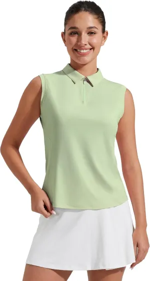 Pioneer Camp Women's Sleeveless Golf Polo Shirts Zip Up Elastic Quick Dry Lightweight Pickleball Tennis Summer Tops， Pea Green， XS