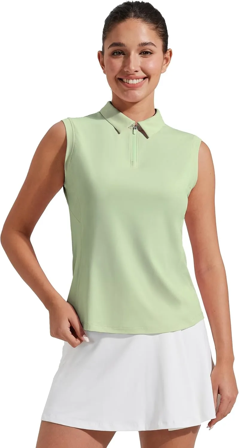 Pioneer Camp Women's Sleeveless Golf Polo Shirts Zip Up Elastic Quick Dry Lightweight Pickleball Tennis Summer Tops， Pea Green， XS