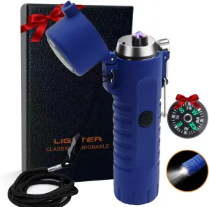 Plasma Windproof Arc Lighter - Electric, USB Rechargeable, Dual Arc, Waterproof, Flameless with Lanyard for Camping, Hiking, Hunting, Outdoor Survival (3-IN-1/Blue)