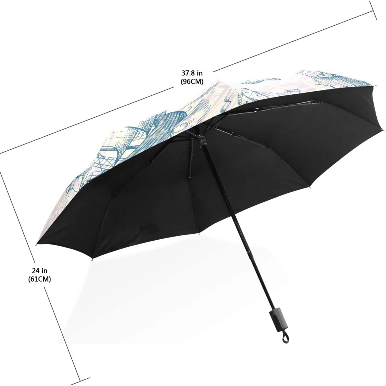 Poeticcity Travel Umbrella, Hand Open Close Windproof Waterproof Folding Umbrella, Black Tape Compact Canopy Strong Anti UV Ray Parasol