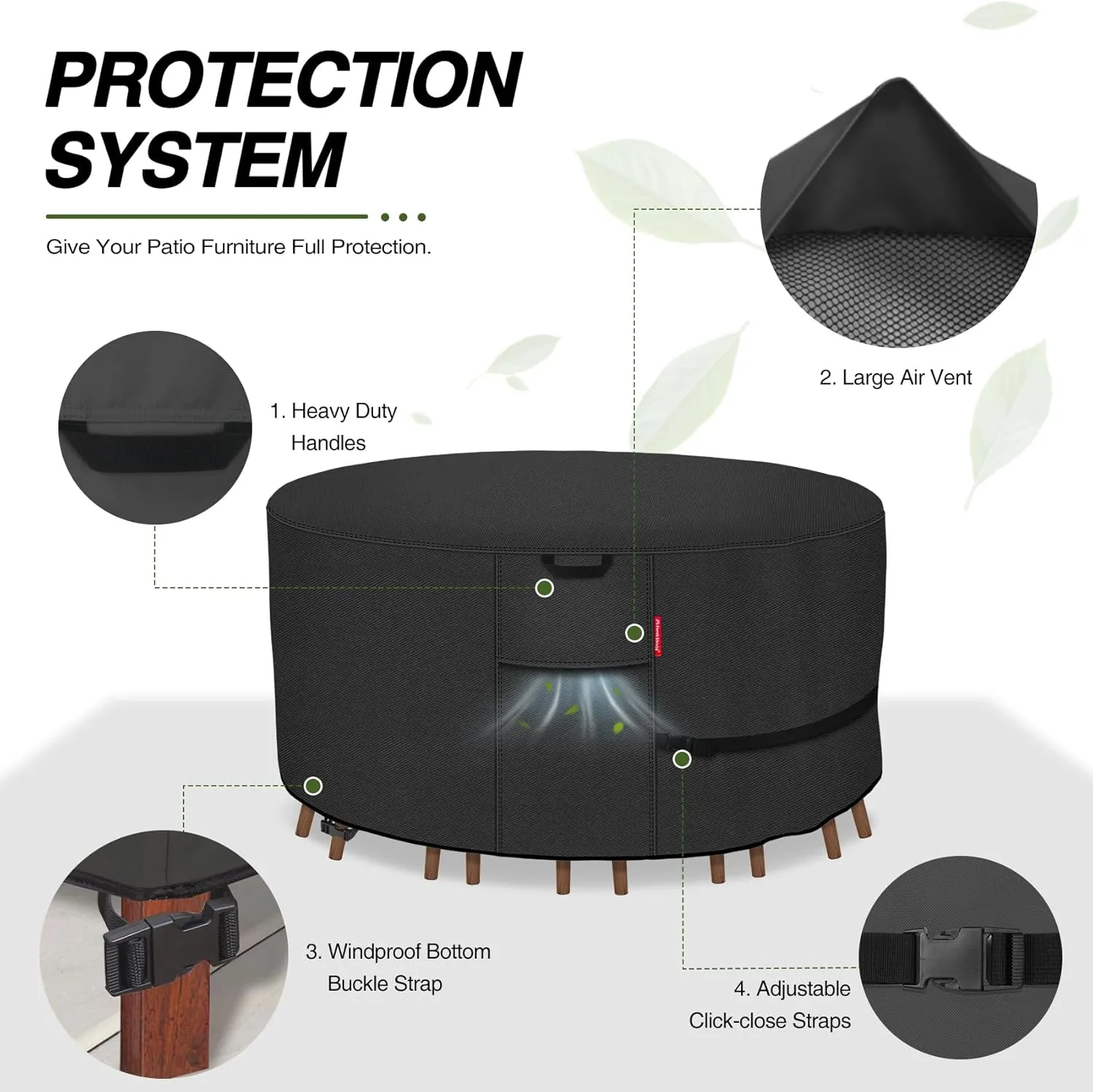 Porch Shield Round Patio Furniture Cover - Waterproof 600D Heavy Duty Outdoor Table and Chairs Cover 108 inch, Black