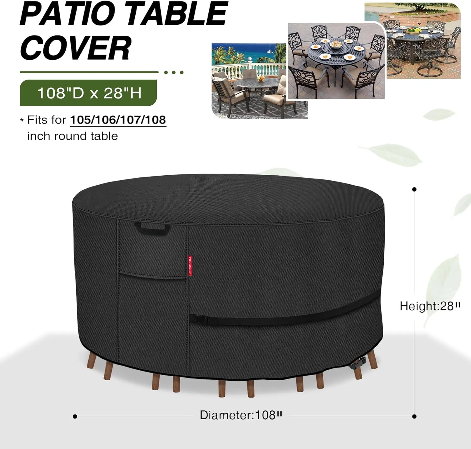 Porch Shield Round Patio Furniture Cover - Waterproof 600D Heavy Duty Outdoor Table and Chairs Cover 108 inch, Black