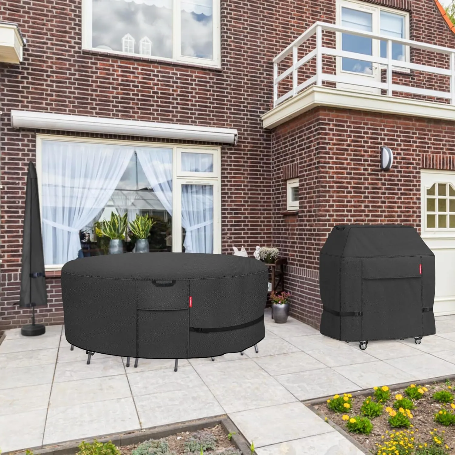 Porch Shield Round Patio Furniture Cover - Waterproof 600D Heavy Duty Outdoor Table and Chairs Cover 108 inch, Black