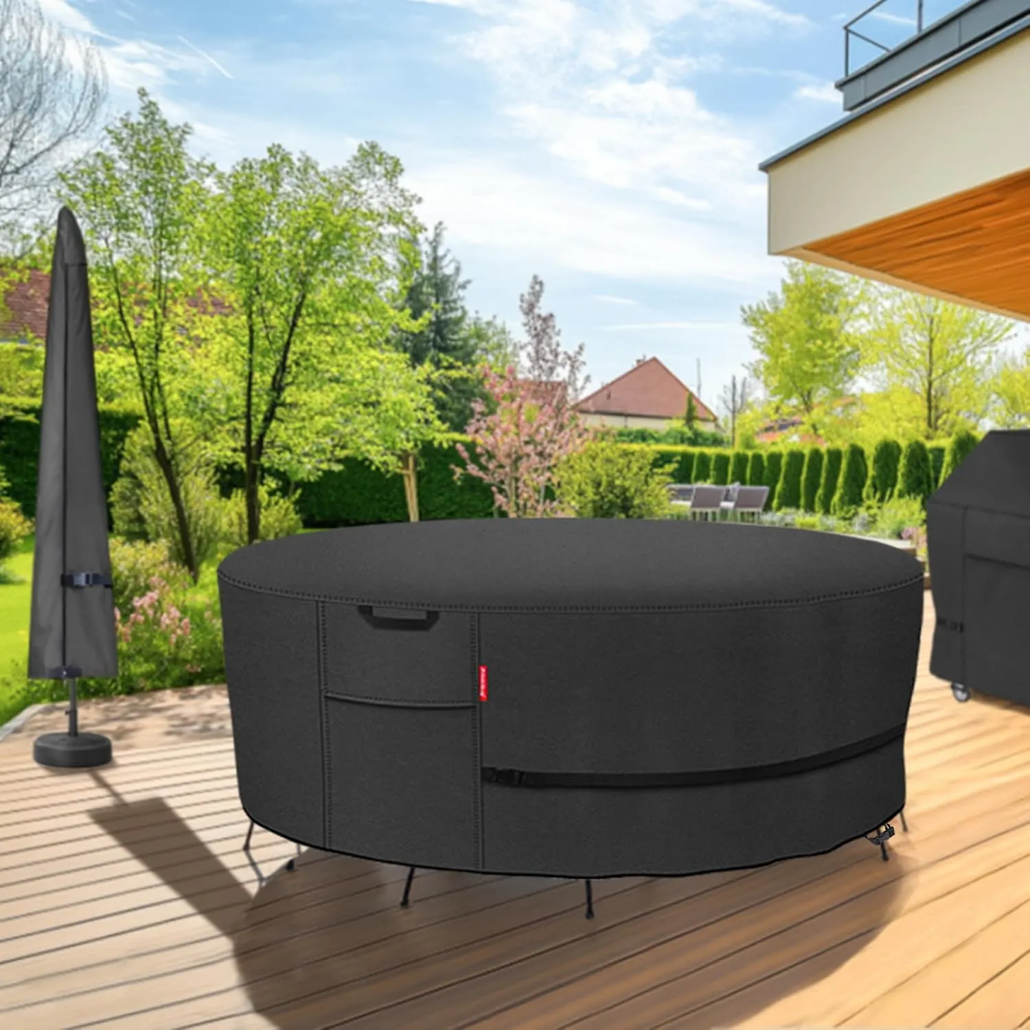 Porch Shield Round Patio Furniture Cover - Waterproof 600D Heavy Duty Outdoor Table and Chairs Cover 108 inch, Black