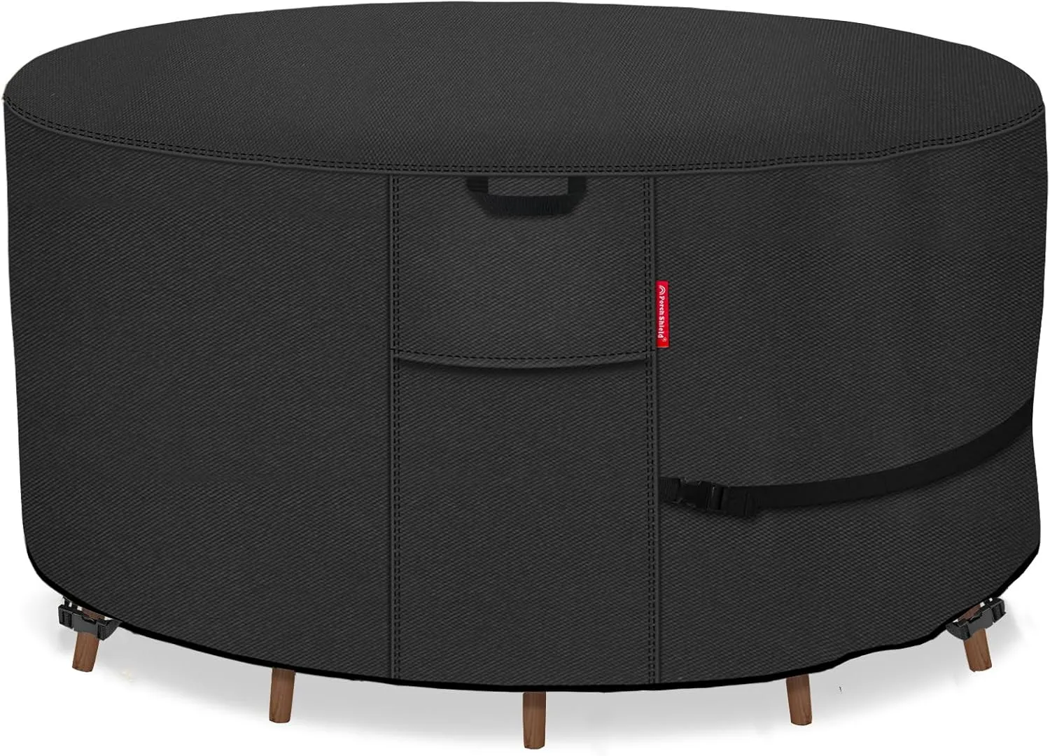 Porch Shield Round Patio Furniture Cover - Waterproof 600D Heavy Duty Outdoor Table and Chairs Cover 108 inch, Black