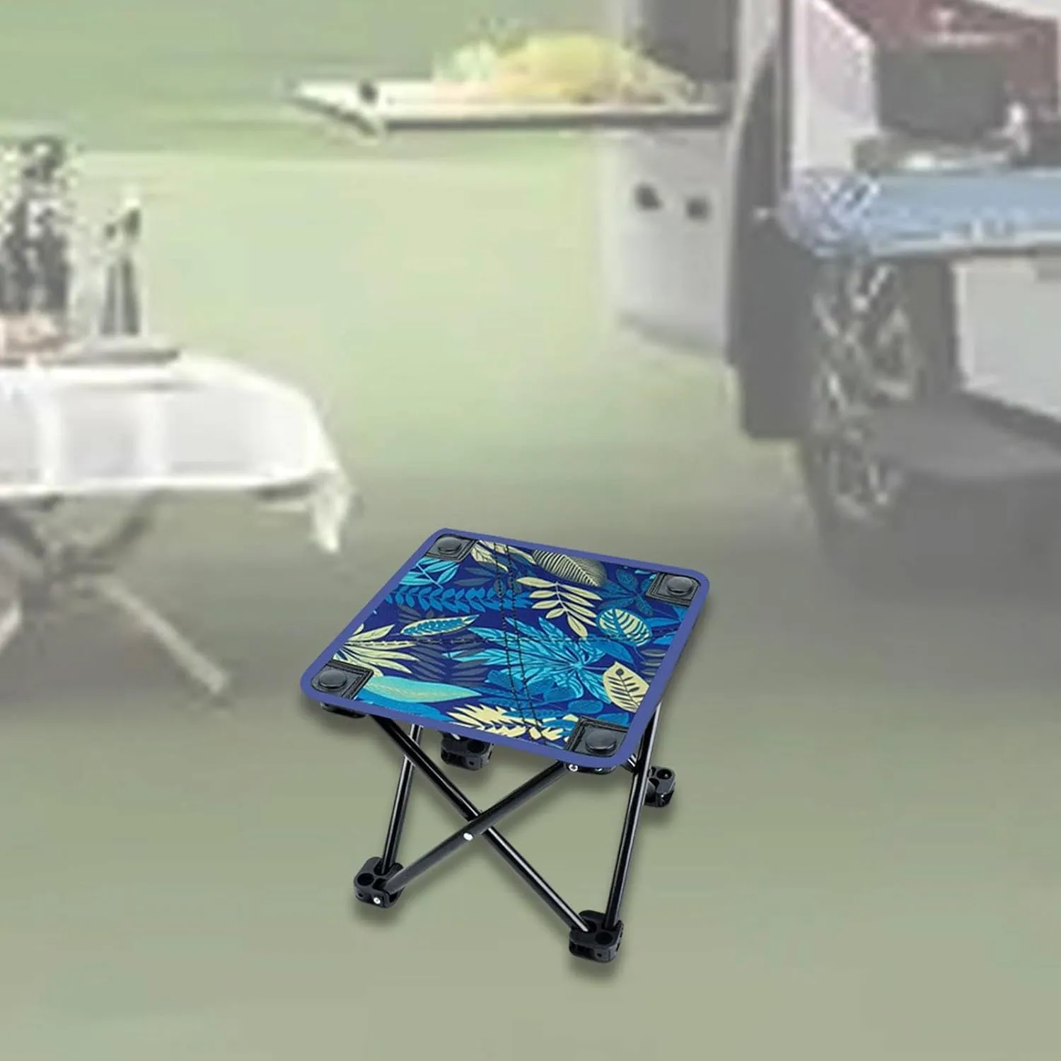 Portable Camping Stool Foot Rest Stool Folding Stool Seat Camp Stool for Park Gardening Backpacking Travel, Blue Leaves