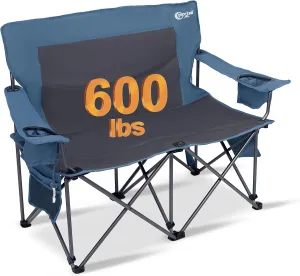 PORTAL Double Camping Chairs for Adults Heavy Duty, Camping Couch 2 Person Outdoor Loveseat Lawn Chairs, Camping Loveseat, Portable Chair with Cup Holder, Camp Chair Supports 600LBS, Blue/Grey