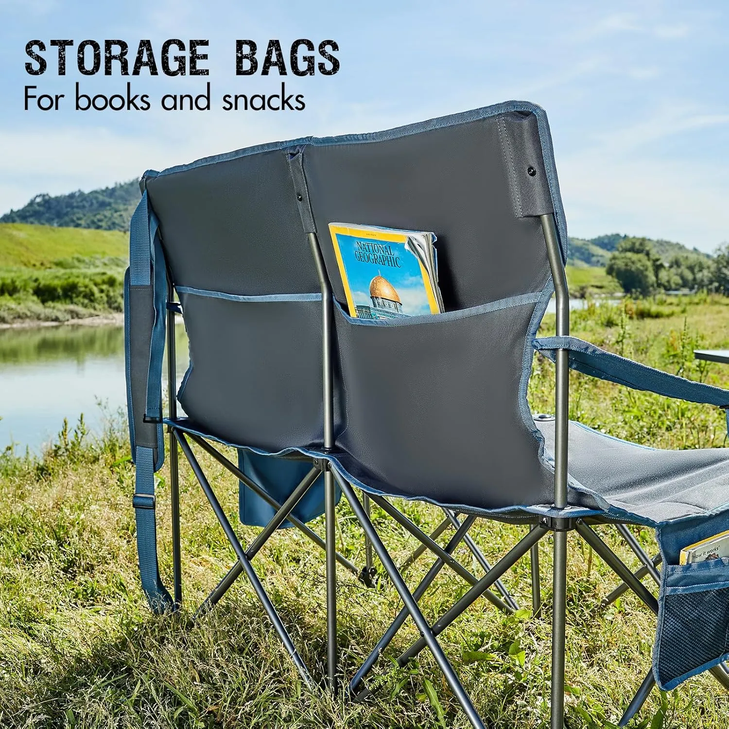 PORTAL Double Camping Chairs for Adults Heavy Duty, Camping Couch 2 Person Outdoor Loveseat Lawn Chairs, Camping Loveseat, Portable Chair with Cup Holder, Camp Chair Supports 600LBS, Blue/Grey