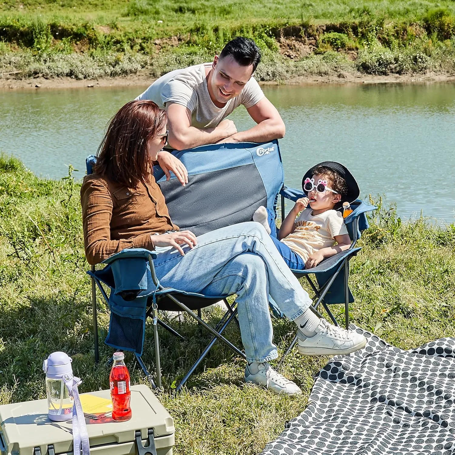PORTAL Double Camping Chairs for Adults Heavy Duty, Camping Couch 2 Person Outdoor Loveseat Lawn Chairs, Camping Loveseat, Portable Chair with Cup Holder, Camp Chair Supports 600LBS, Blue/Grey