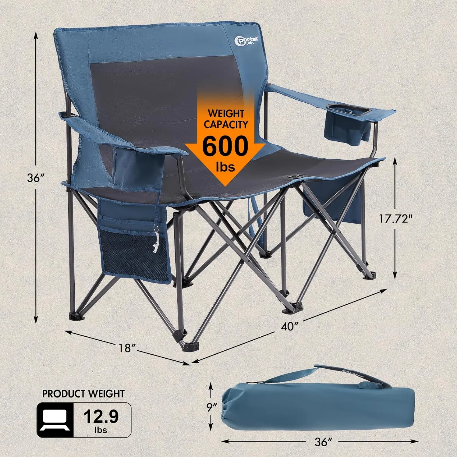 PORTAL Double Camping Chairs for Adults Heavy Duty, Camping Couch 2 Person Outdoor Loveseat Lawn Chairs, Camping Loveseat, Portable Chair with Cup Holder, Camp Chair Supports 600LBS, Blue/Grey
