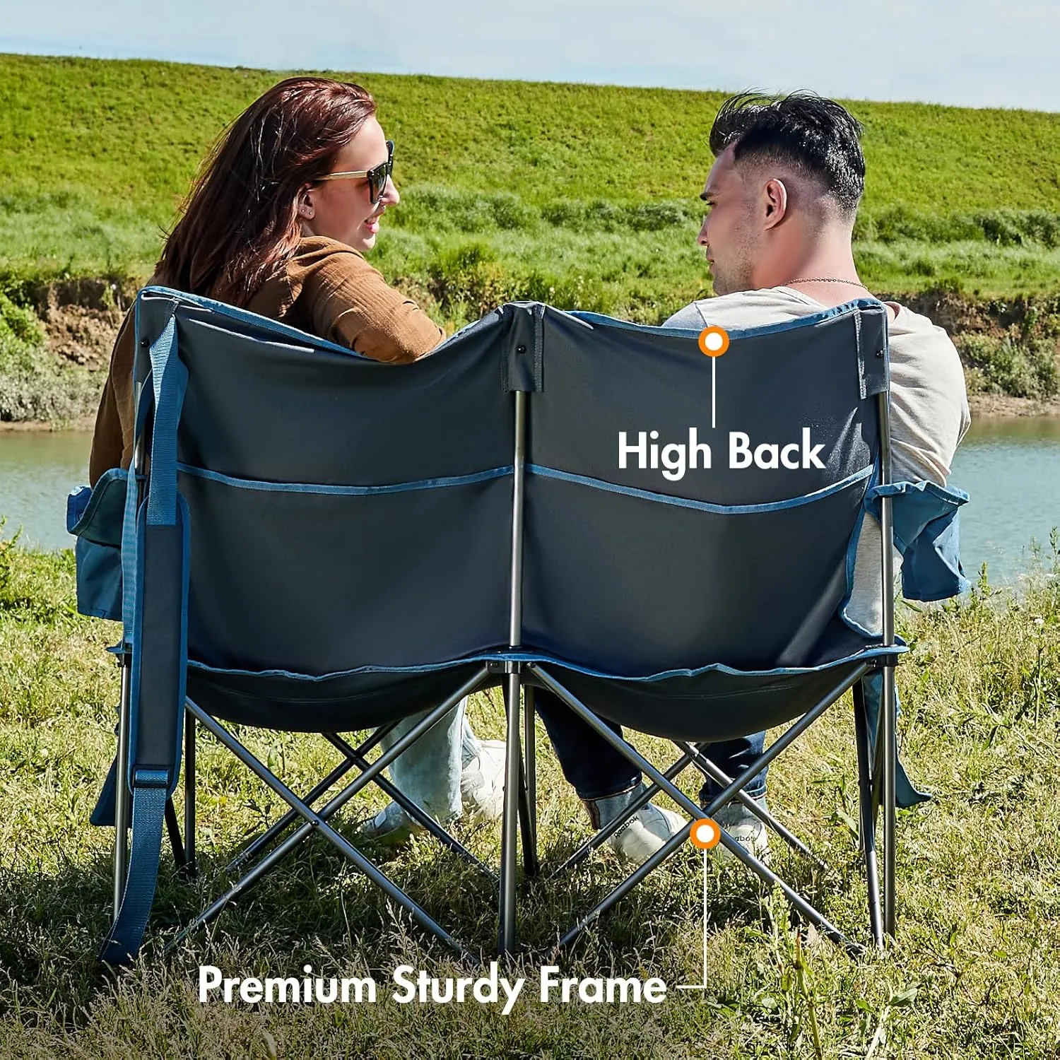 PORTAL Double Camping Chairs for Adults Heavy Duty, Camping Couch 2 Person Outdoor Loveseat Lawn Chairs, Camping Loveseat, Portable Chair with Cup Holder, Camp Chair Supports 600LBS, Blue/Grey