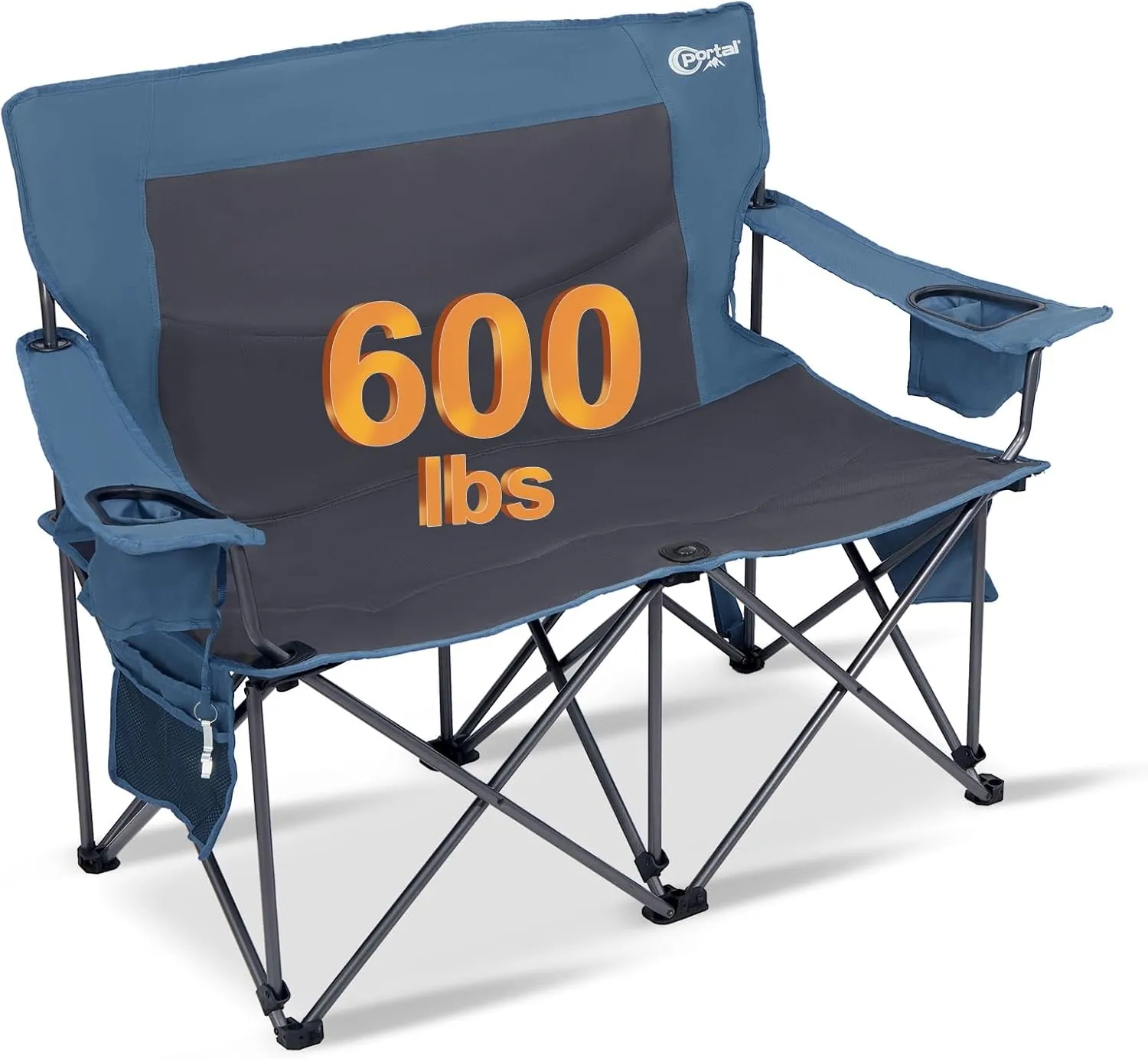 PORTAL Double Camping Chairs for Adults Heavy Duty, Camping Couch 2 Person Outdoor Loveseat Lawn Chairs, Camping Loveseat, Portable Chair with Cup Holder, Camp Chair Supports 600LBS, Blue/Grey