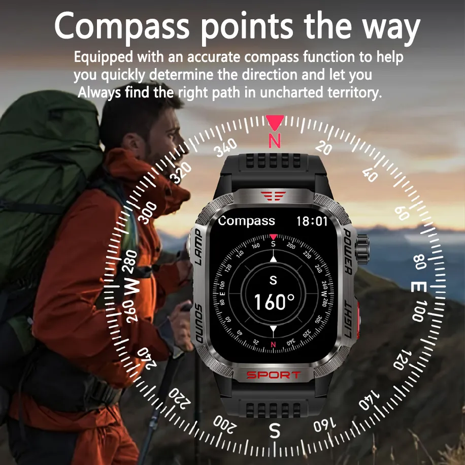 Premium GPS Smartwatch for Men – 2.01" HD Display, Waterproof, Bluetooth Calling, Compass, Flashlight, Fitness Tracker, 600mAh Battery, Outdoor Sport Mode