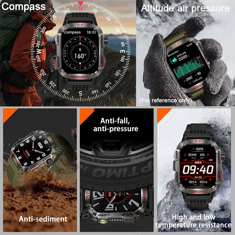 Premium GPS Smartwatch for Men – 2.01" HD Display, Waterproof, Bluetooth Calling, Compass, Flashlight, Fitness Tracker, 600mAh Battery, Outdoor Sport Mode