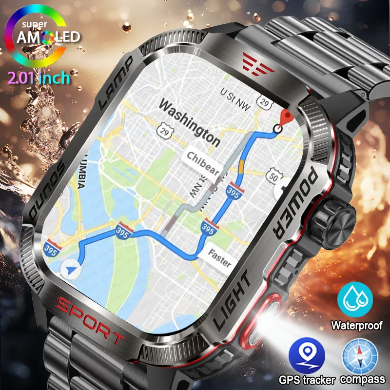 Premium GPS Smartwatch for Men – 2.01" HD Display, Waterproof, Bluetooth Calling, Compass, Flashlight, Fitness Tracker, 600mAh Battery, Outdoor Sport Mode