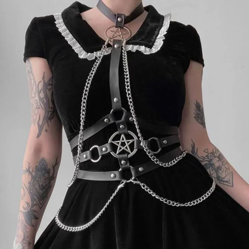 Punk Pentagram Metal Chain Harness Belt