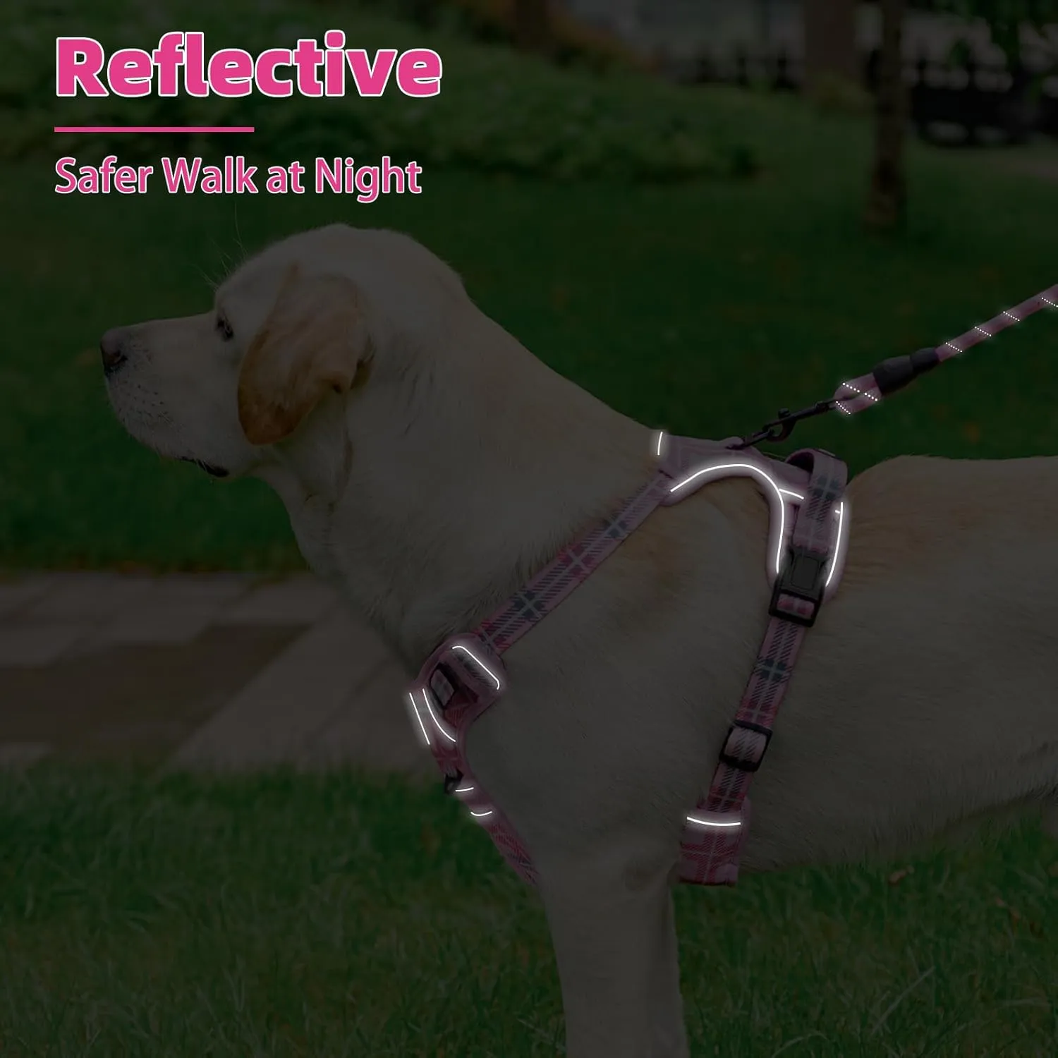 PUPTECK No Pull Dog Harness for Large, Adjustable Reflective Dog Harness with Handle Easy Control, Comfortable Soft Padded Pet Vest Harness for Large Dogs, Plaid Pink L