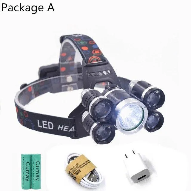 Rechargeable 16000 Lumen 5 led Headlight Headlamp Hunting Fishing Bike Camping Head Lamp 18650 battery  USB Charger