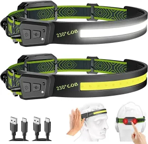 Rechargeable Headlamp 2PCS, Super Bright LED Headlamp, 230° COB Wide Beam Head Lamp, Motion Sensor Flashlight with Taillight(Red Lights) Waterproof Hard Hat Headlight, for Running, Cycling and Camping