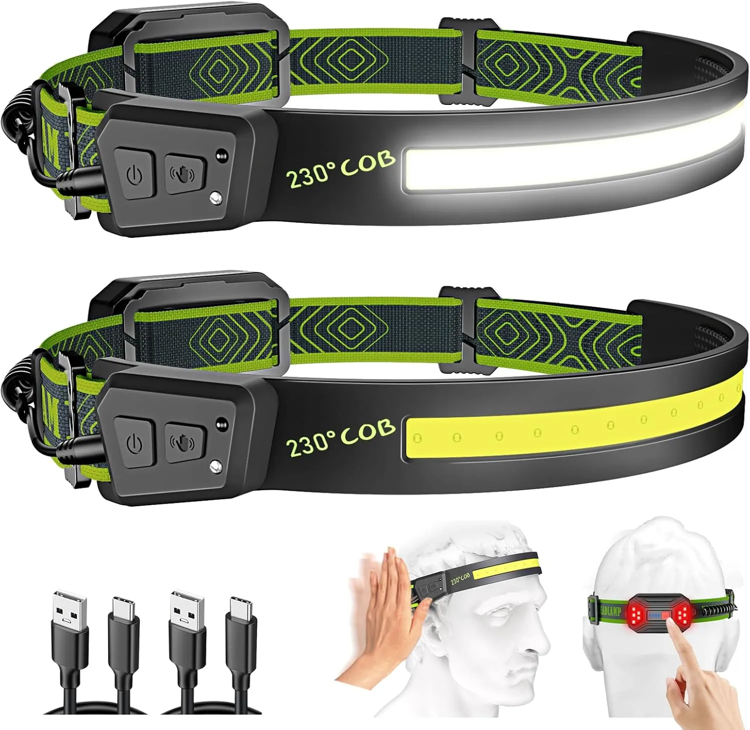 Rechargeable Headlamp 2PCS, Super Bright LED Headlamp, 230° COB Wide Beam Head Lamp, Motion Sensor Flashlight with Taillight(Red Lights) Waterproof Hard Hat Headlight, for Running, Cycling and Camping