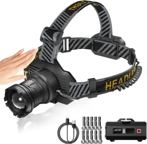 Rechargeable Headlamp, Ultra-Bright 990,000 Lumens, 9 Modes, 60H Runtime, Energy-Saving Design, Motion Sensor, Zoom, IP67 Waterproof, 90° Adjustable for Camping, Hiking, and Hard Hat