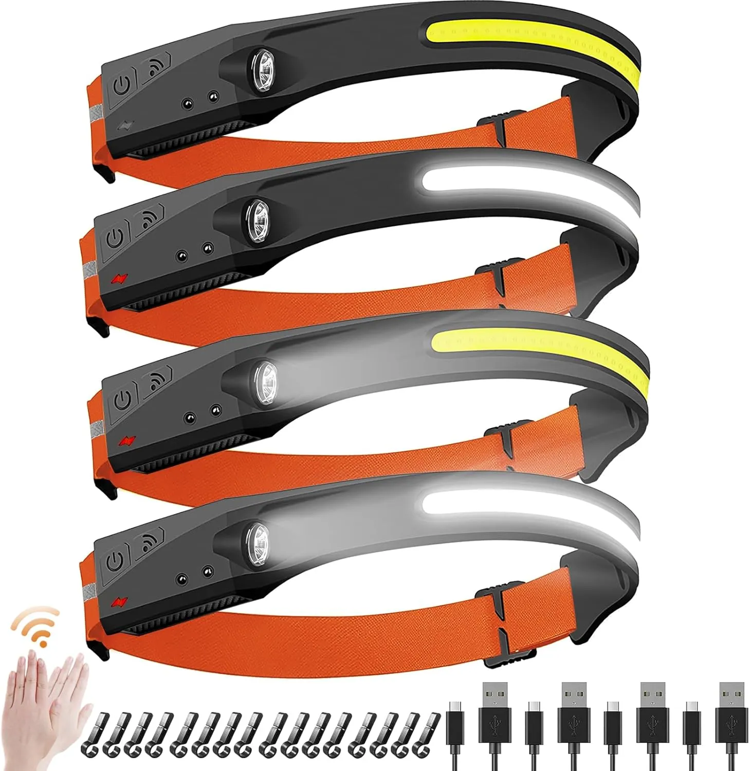 Rechargeable Headlamps, 5 Light Modes, 230° Wide Beam Spotlight with Motion Sensor, Lightweight Waterproof LED Headlight with Clips for Hardhat, Head Lamp for Camping Running (4, Orange)