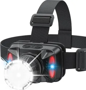 Rechargeable LED Headlamp, 6 Light Modes with Red & Blue Strobe, Zoomable Beam, 90° Adjustable Waterproof Headlamp for Camping, Hiking, Fishing, Outdoor Work