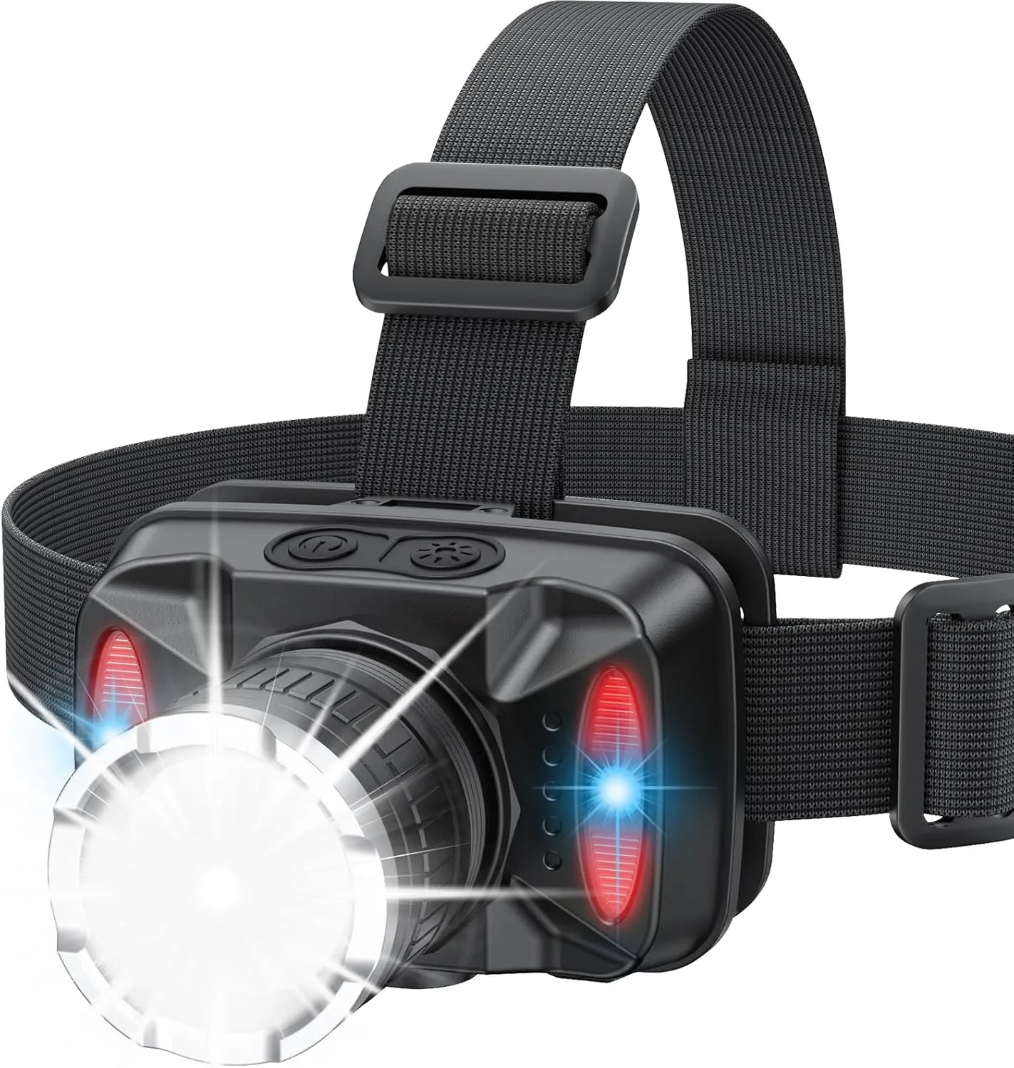 Rechargeable LED Headlamp, 6 Light Modes with Red & Blue Strobe, Zoomable Beam, 90° Adjustable Waterproof Headlamp for Camping, Hiking, Fishing, Outdoor Work