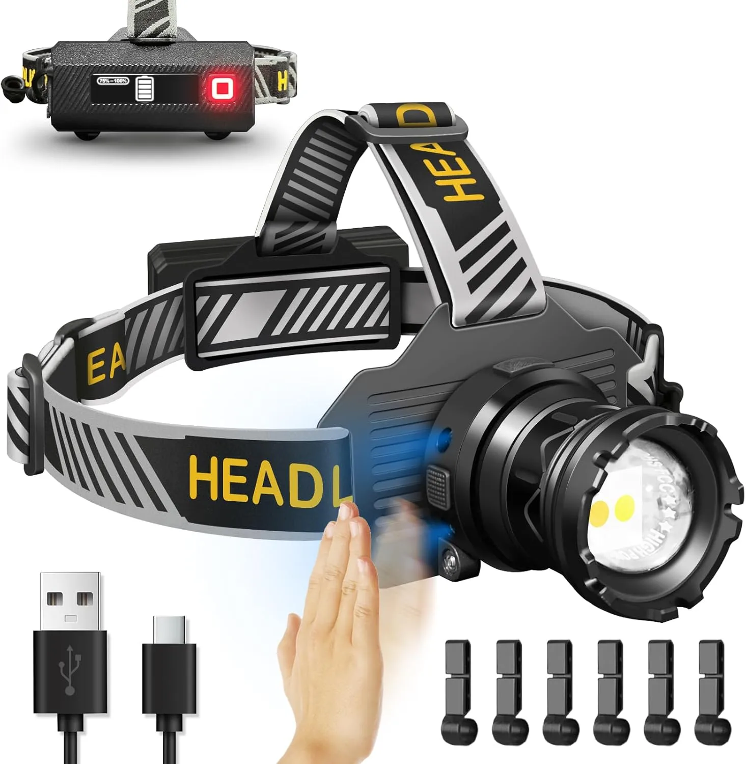 Rechargeable LED Headlamp, Super Bright 150000LM Headlamp Flashlight with Motion Sensor, 90° Adjustable Zoomable Waterproof Head Lights for Forehead, Headlamps for Camping Hiking Fishing Hardhat