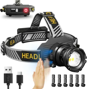 Rechargeable LED Headlamp, Super Bright 150000LM Headlamp Flashlight with Motion Sensor, 90° Adjustable Zoomable Waterproof Head Lights for Forehead, Headlamps for Camping Hiking Fishing Hardhat