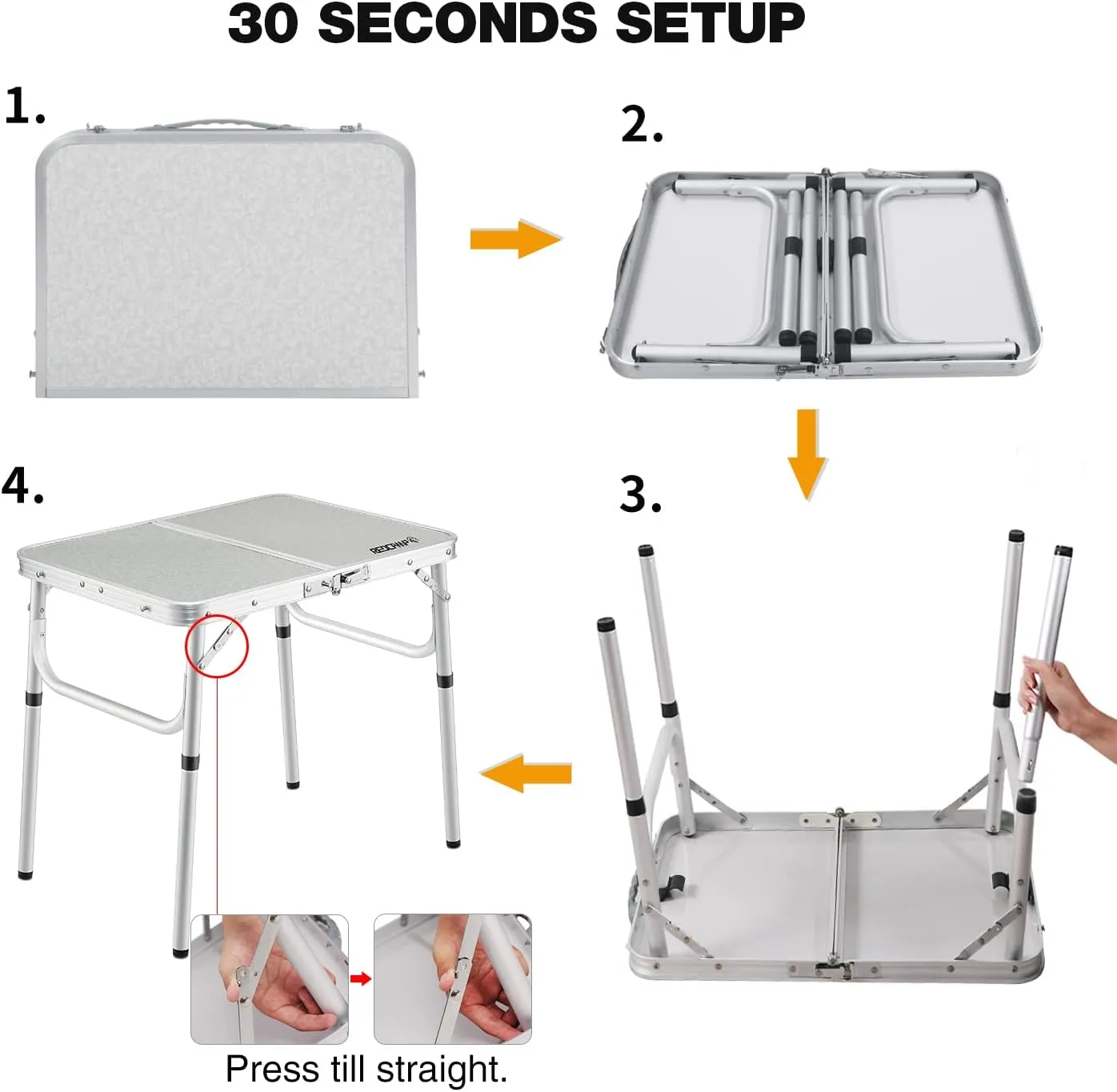 REDCAMP Small Camping Table 2 Foot, Portable Aluminum Folding Table Adjustable Height Lightweight for Picnic Beach Outdoor Indoor, White 24 x 16 inch