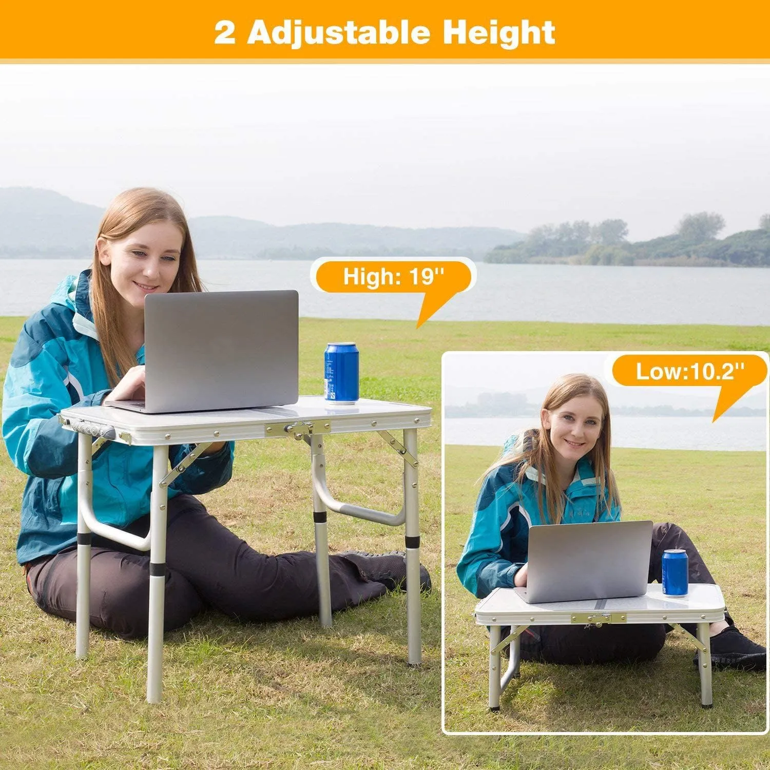 REDCAMP Small Camping Table 2 Foot, Portable Aluminum Folding Table Adjustable Height Lightweight for Picnic Beach Outdoor Indoor, White 24 x 16 inch