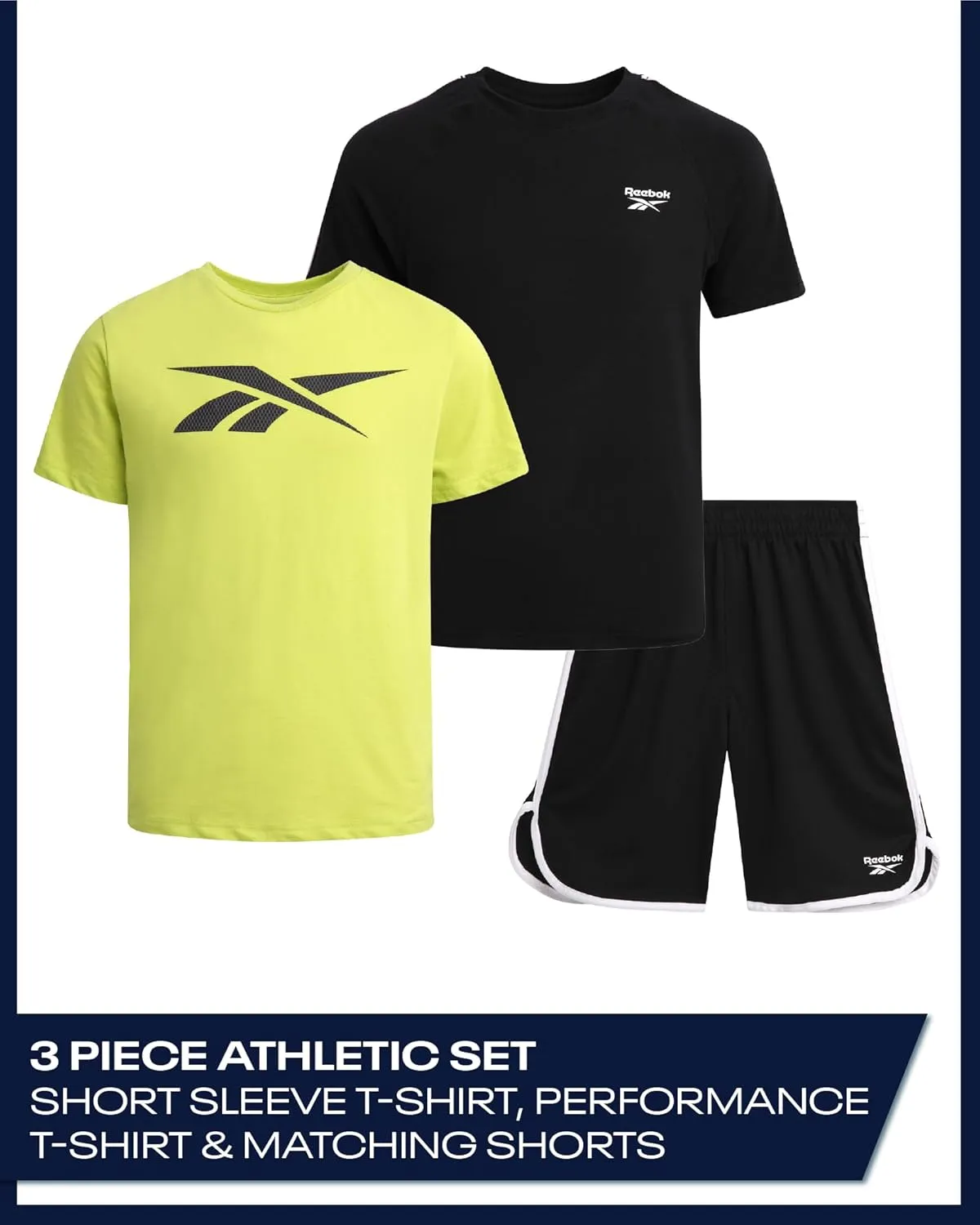 Reebok Boys Athletic Shorts Set - 3 Piece Summer Clothes Outfit with Graphic Tees and Boys Running Shorts for Active Kids
