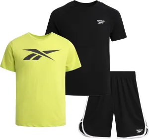 Reebok Boys Athletic Shorts Set - 3 Piece Summer Clothes Outfit with Graphic Tees and Boys Running Shorts for Active Kids