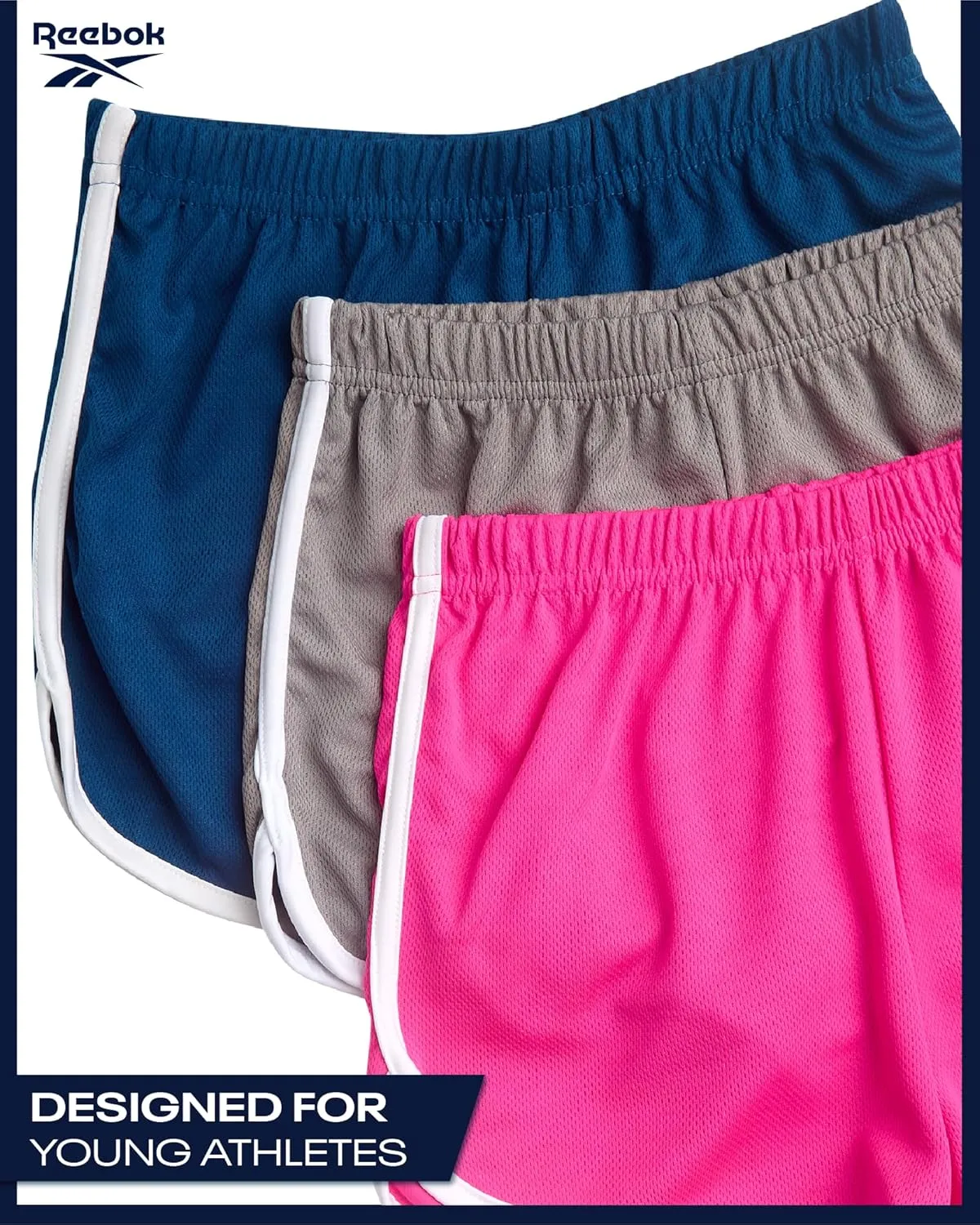 Reebok Girls Athletic Shorts - 3 Pack Active Performance Lightweight Mesh Dolphin Girls Shorts for Running Soccer Gym (7-12)