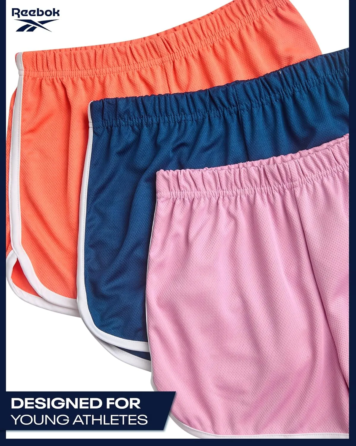 Reebok Girls Athletic Shorts - 3 Pack Active Performance Lightweight Mesh Dolphin Girls Shorts for Running Soccer Gym (7-12)