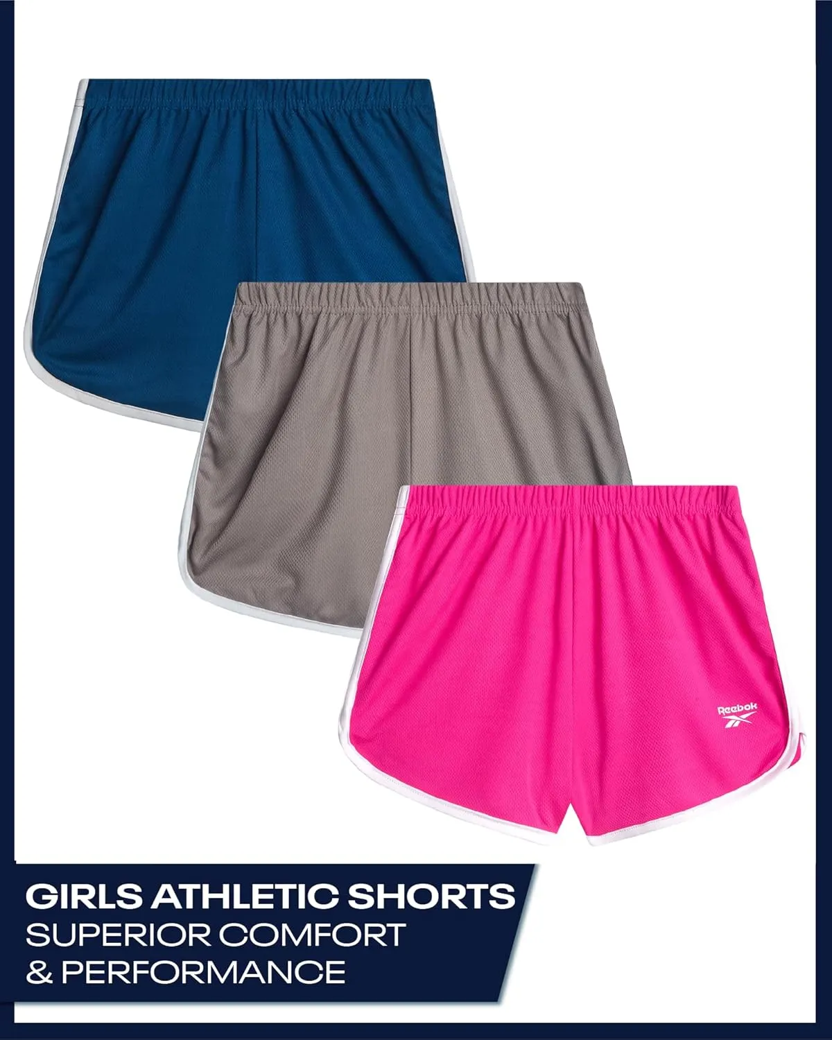 Reebok Girls Athletic Shorts - 3 Pack Active Performance Lightweight Mesh Dolphin Girls Shorts for Running Soccer Gym (7-12)
