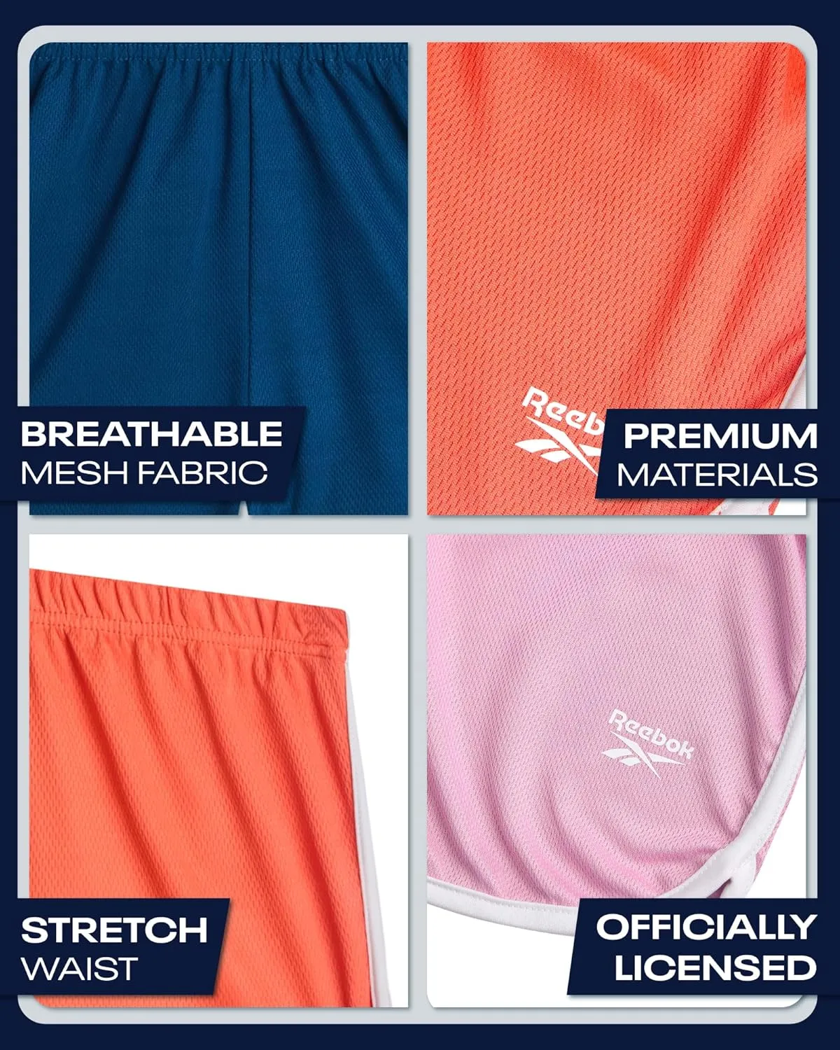 Reebok Girls Athletic Shorts - 3 Pack Active Performance Lightweight Mesh Dolphin Girls Shorts for Running Soccer Gym (7-12)