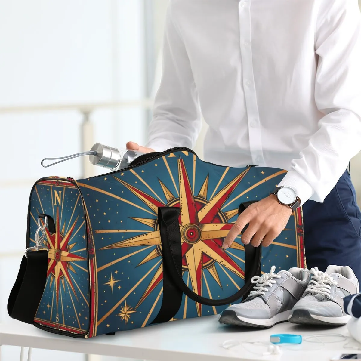 Retro Compass Travel Duffle Bag for Women Men Gym Duffel Foldable Bag Waterproof Weekender Ocean Themed Duffle Tote
