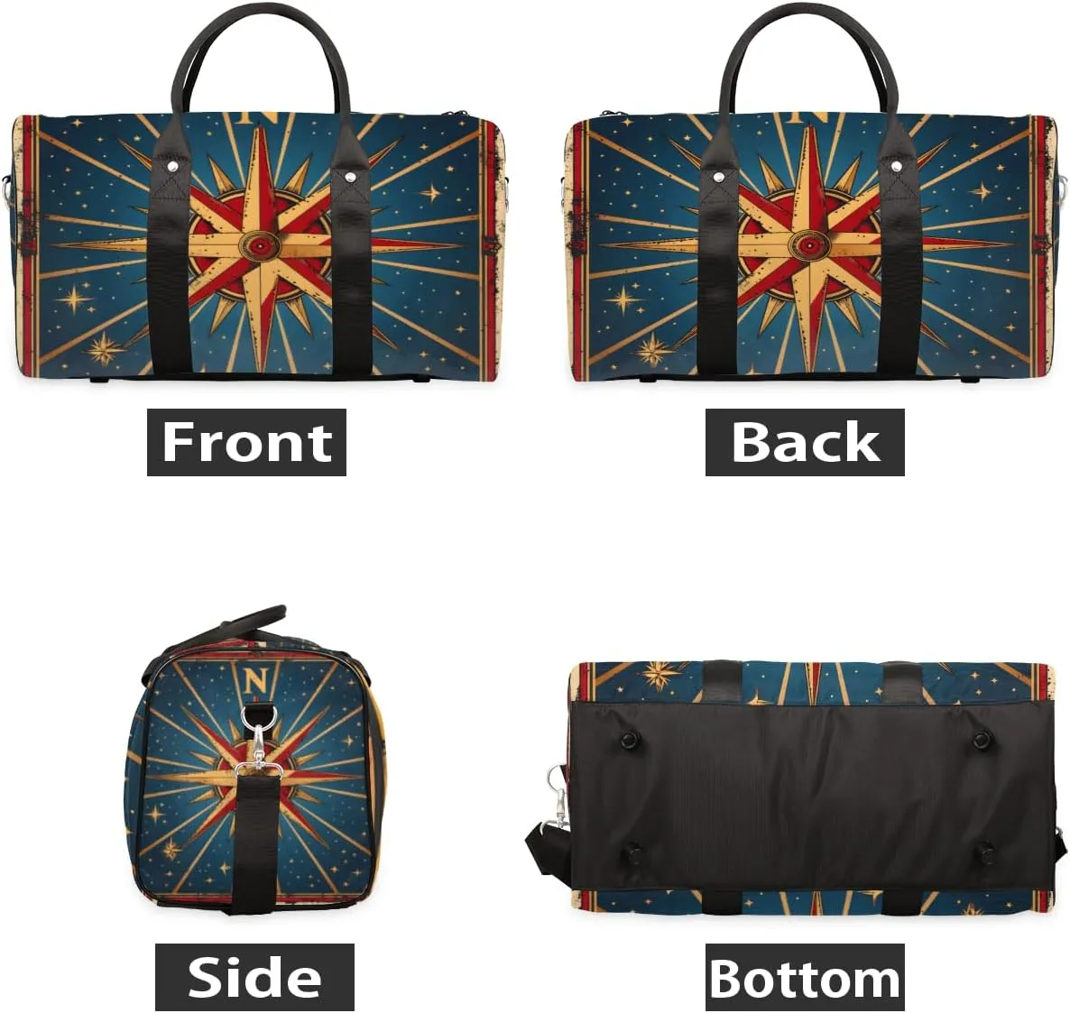 Retro Compass Travel Duffle Bag for Women Men Gym Duffel Foldable Bag Waterproof Weekender Ocean Themed Duffle Tote