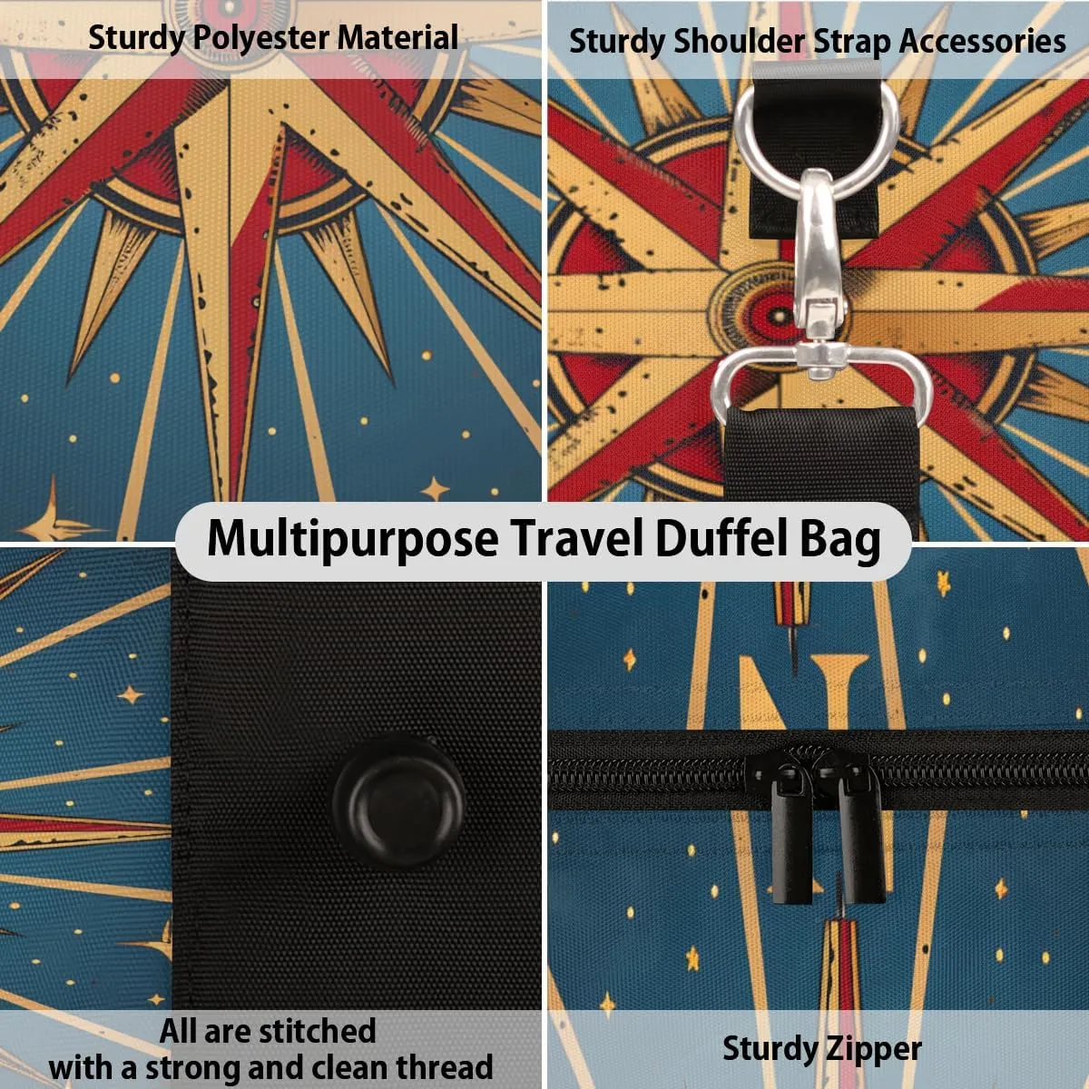 Retro Compass Travel Duffle Bag for Women Men Gym Duffel Foldable Bag Waterproof Weekender Ocean Themed Duffle Tote